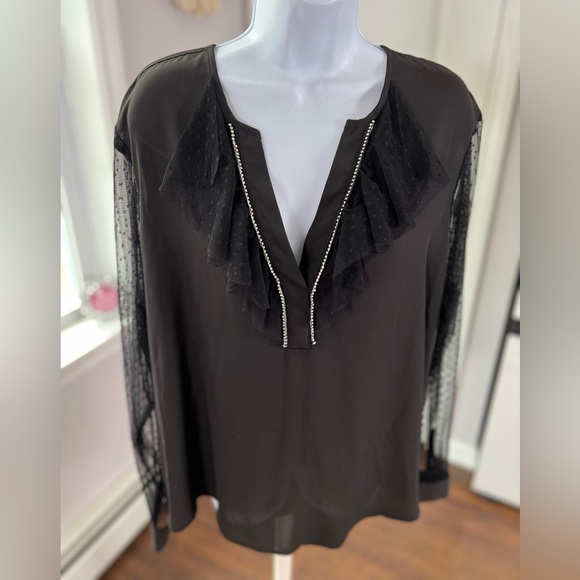 LIBBY Edelman Black Rhinestone V-Neck Sheer Long Sleeve Formal Top Size XXL NWT - Picture 8 of 17